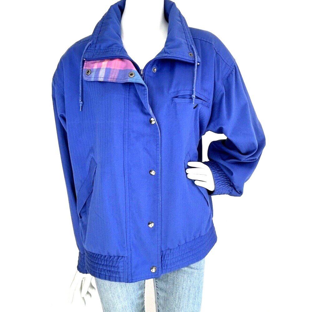 Vintage 80s Izod Club Bomber Jacket M Blue Madras Plaid Lined Preppy Old Money